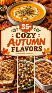 A collage of cozy autumn flavors featuring pumpkin spice, cinnamon, and seasonal treats