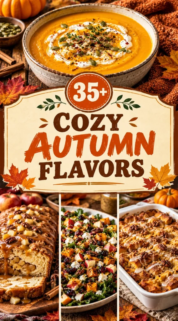 A collage of cozy autumn flavors featuring pumpkin spice, cinnamon, and seasonal treats