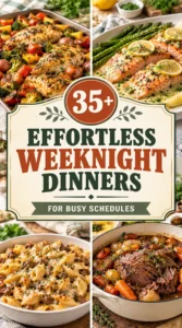 Collage of various easy weeknight dinner recipes in a vertical listicle layout