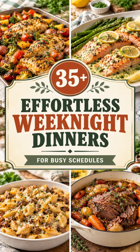 Collage of various easy weeknight dinner recipes in a vertical listicle layout
