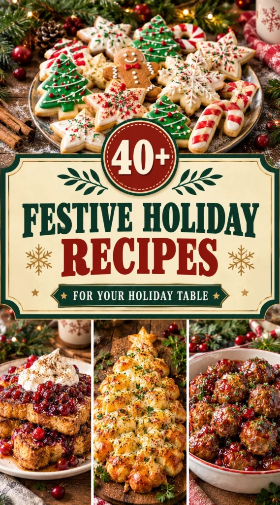 A collage of festive Christmas treats and holiday recipes in a vertical layout