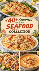 A collage of gourmet seafood dishes featuring lobster, scallops, and seared salmon