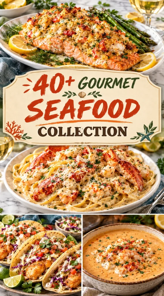 A collage of gourmet seafood dishes featuring lobster, scallops, and seared salmon