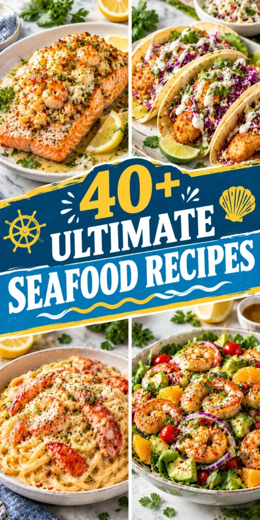 A collage of diverse seafood recipes featuring grilled salmon, shrimp, and scallops