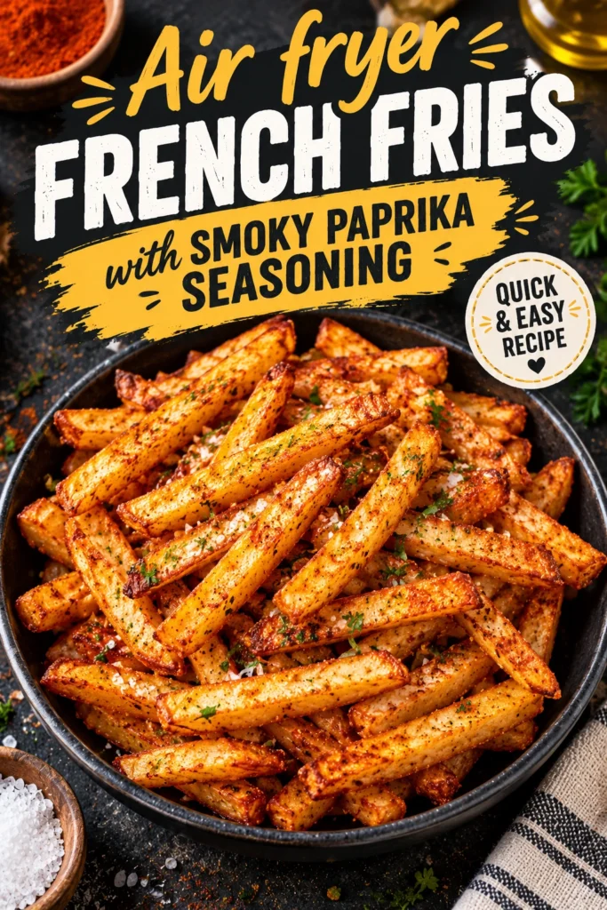A bowl of golden brown air fryer french fries dusted with smoky paprika, served with a side of dipping sauce.
