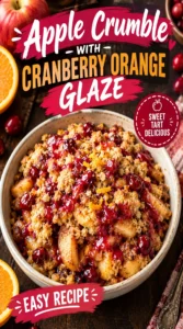 Baked apple crumble in a white baking dish, topped with a golden oat crust and drizzled with orange cranberry glaze.