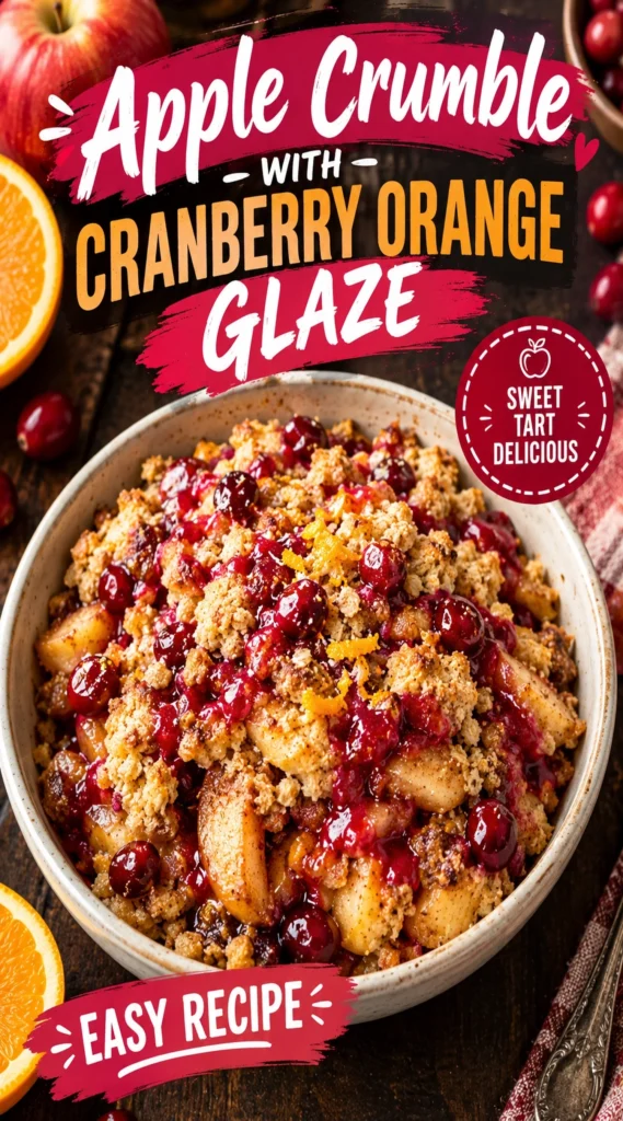Baked apple crumble in a white baking dish, topped with a golden oat crust and drizzled with orange cranberry glaze.