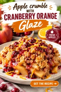 Baked apple crumble in a dish topped with a golden oat crust and drizzled with orange cranberry glaze.