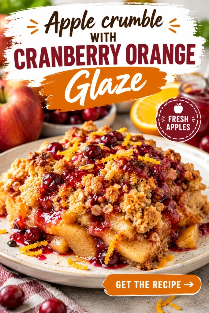 Baked apple crumble in a dish topped with a golden oat crust and drizzled with orange cranberry glaze.