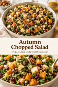 Chopped autumn salad with kale, apples, dried cranberries, and pecans in a bowl, drizzled with maple cider vinaigrette.