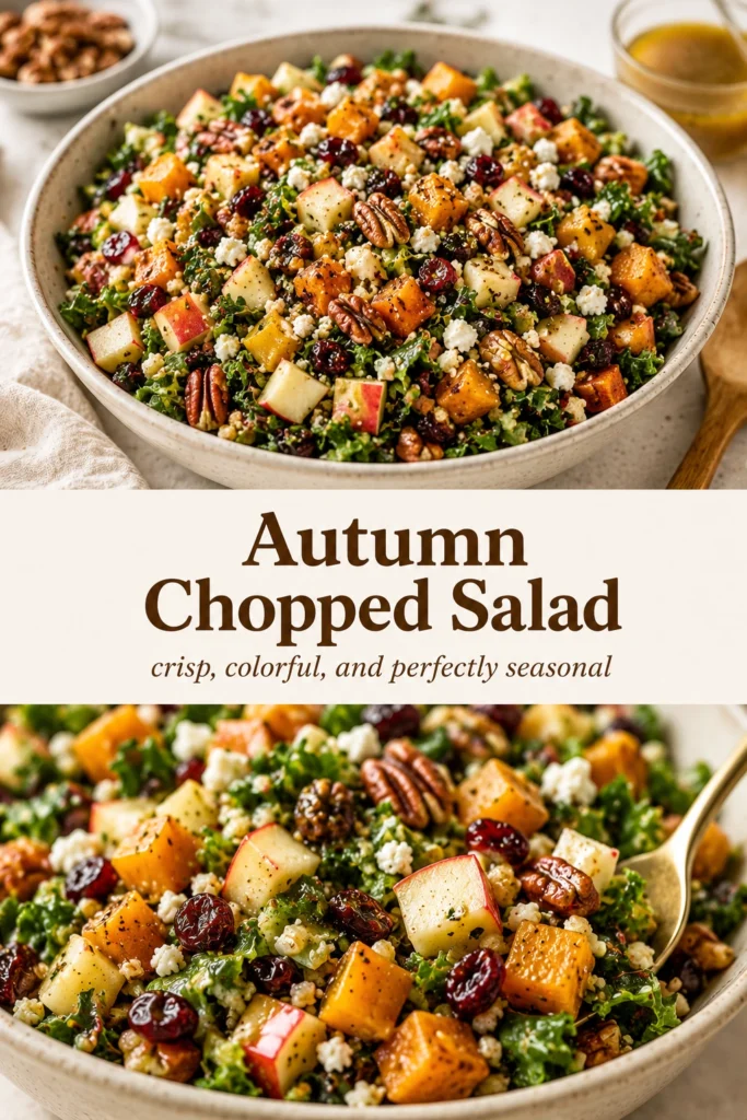 Chopped autumn salad with kale, apples, dried cranberries, and pecans in a bowl, drizzled with maple cider vinaigrette.