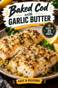 Baked cod fillets topped with melted garlic butter and fresh parsley, served on a platter with lemon wedges.