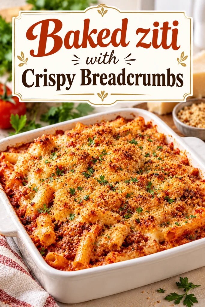 Baked ziti pasta with melted mozzarella and marinara sauce, topped with toasted golden-brown breadcrumbs in a white baking dish.