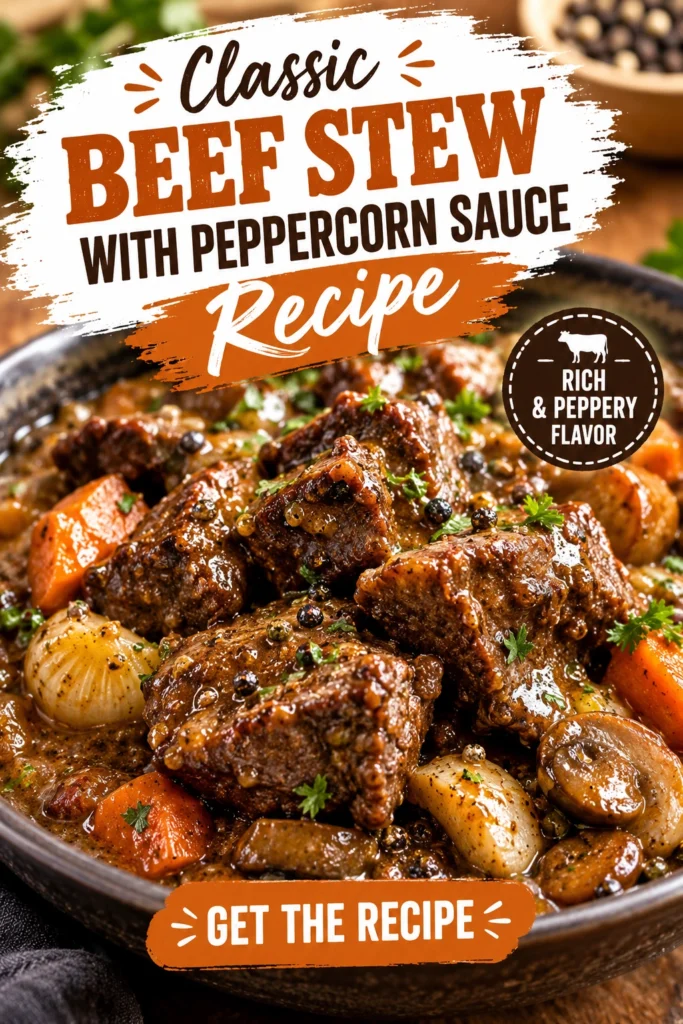 A rustic bowl of beef stew with tender meat, carrots, and potatoes in a creamy peppercorn sauce, garnished with parsley.