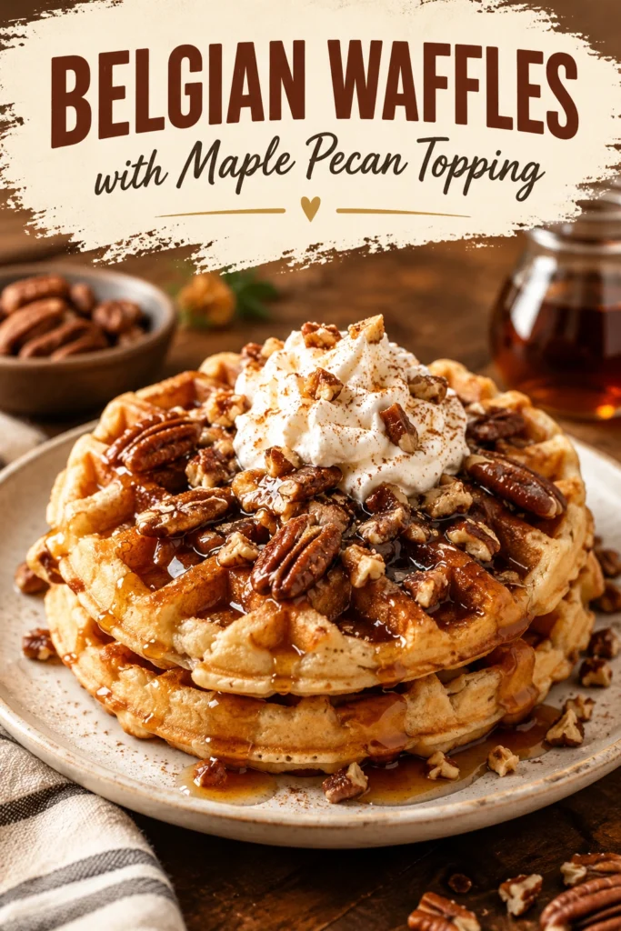 A stack of golden Belgian waffles topped with toasted pecans and drizzled with amber maple syrup on a plate.