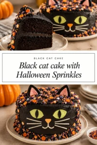 A round cake frosted in black buttercream to look like a cat face, topped with colorful Halloween-themed sprinkles.