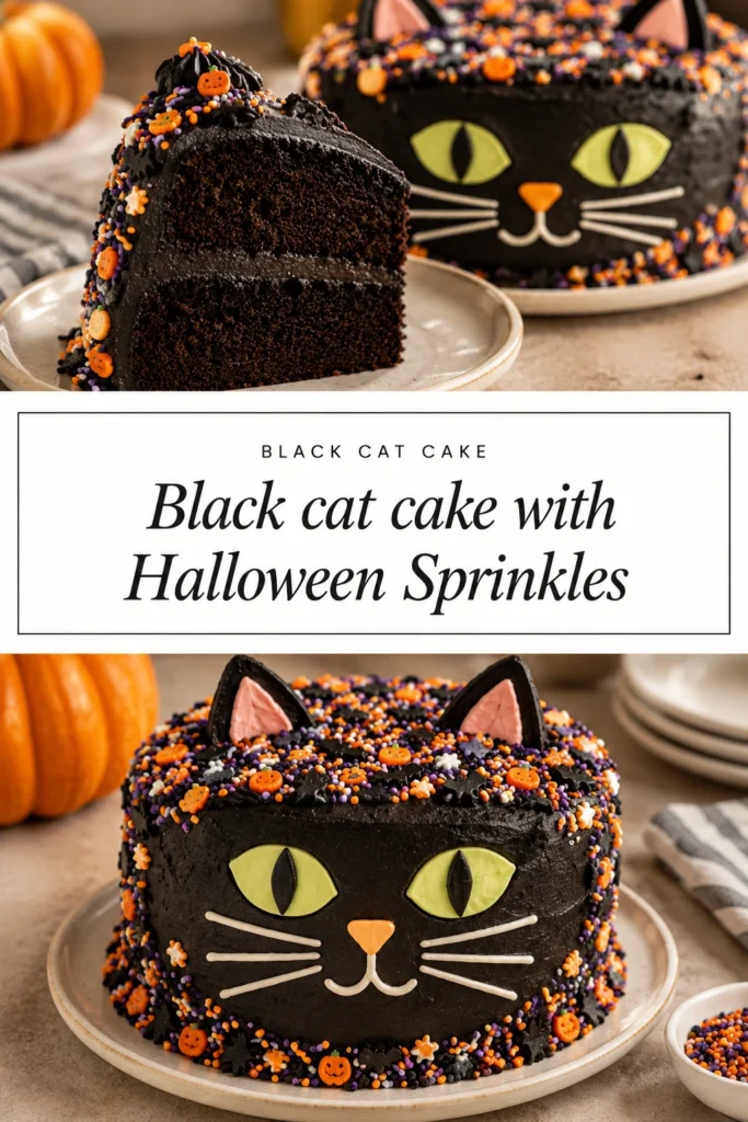 A round cake frosted in black buttercream to look like a cat face, topped with colorful Halloween-themed sprinkles.