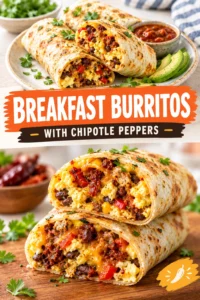 Two sliced breakfast burritos filled with scrambled eggs, sausage, cheese, and chipotle peppers, served on a white plate.
