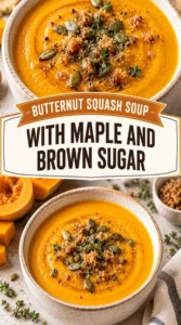 Creamy orange butternut squash soup in a white bowl, garnished with a swirl of cream and toasted pumpkin seeds.