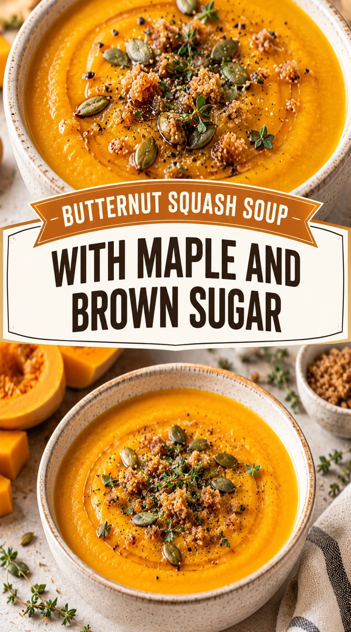 Creamy orange butternut squash soup in a white bowl, garnished with a swirl of cream and toasted pumpkin seeds.