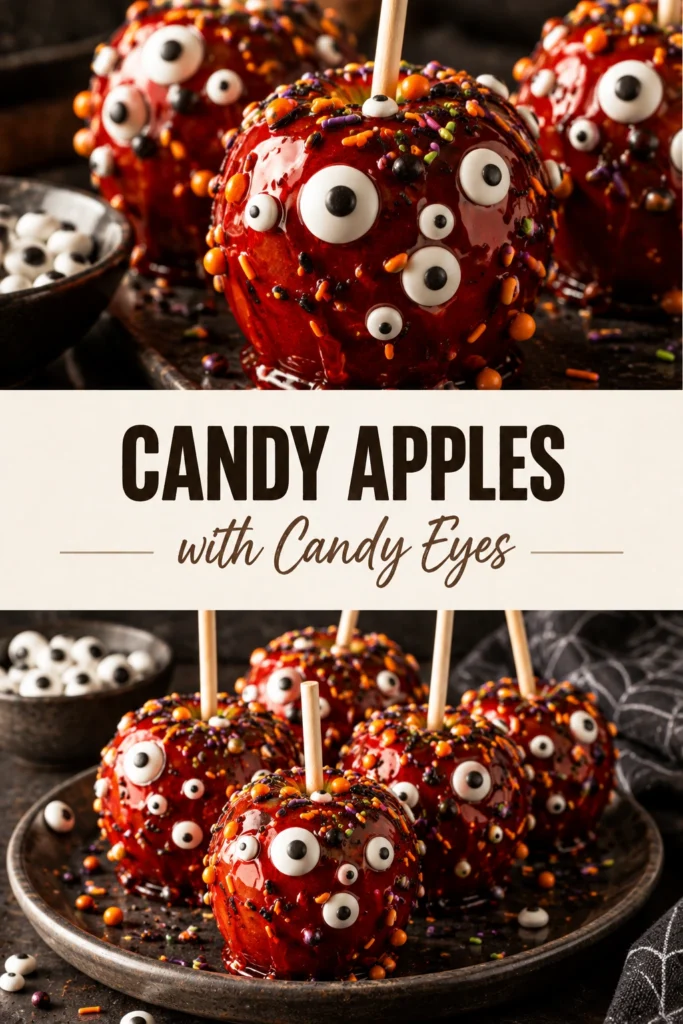 Bright red candy coated apples on wooden sticks, each decorated with small white and black candy eyes.
