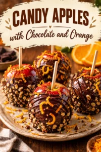 Whole apples coated in dark chocolate and orange-tinted white chocolate, drizzled with contrasting colors and topped with orange zest.