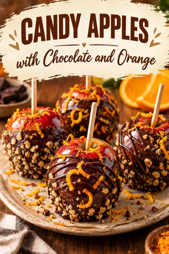 Whole apples coated in dark chocolate and orange-tinted white chocolate, drizzled with contrasting colors and topped with orange zest.