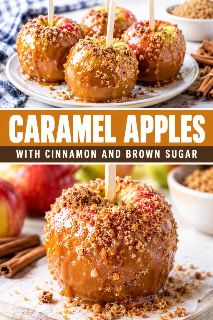 Sliced apples coated in gooey caramel, sprinkled with cinnamon and brown sugar, served on a platter with wooden skewers.