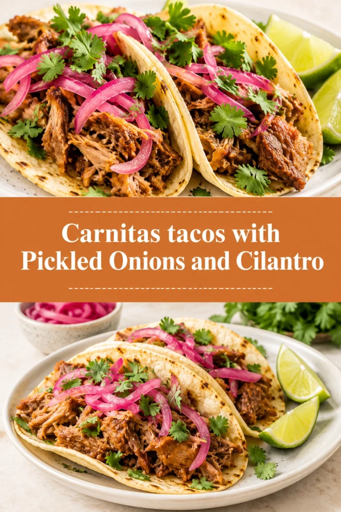Three corn tortillas filled with crispy pulled pork, topped with bright pink pickled onions and fresh chopped cilantro.