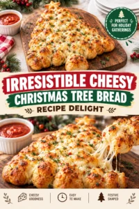 Golden brown braided bread shaped like a Christmas tree, topped with melted cheese and small green herb garnishes.