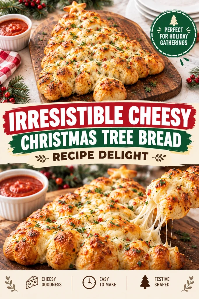 Golden brown braided bread shaped like a Christmas tree, topped with melted cheese and small green herb garnishes.