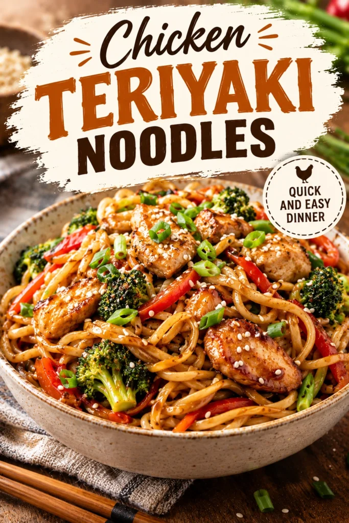 Stir-fried noodles with glazed chicken pieces, sliced carrots, and green onions in a bowl topped with sesame seeds.