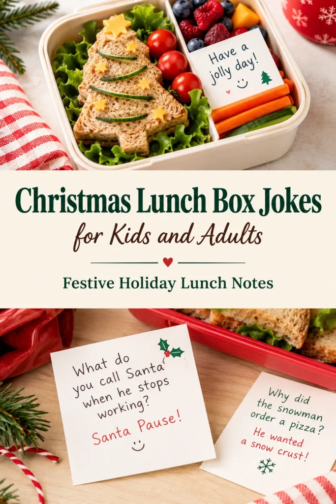 A festive childs lunch box with a sandwich, fruit, snacks, and a colorful Christmas-themed joke note on top.