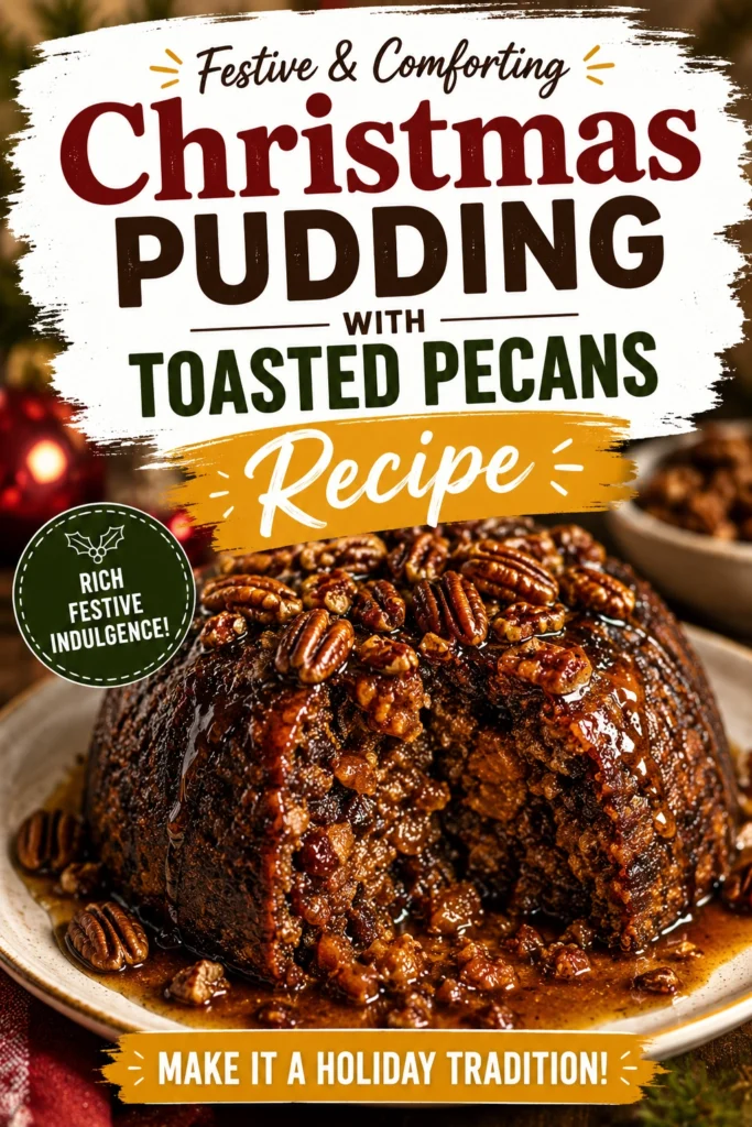 A slice of dark Christmas pudding topped with a dollop of cream and scattered toasted pecans on a plate.