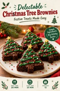 Fudgy chocolate brownies cut into triangles and arranged like a Christmas tree, topped with green frosting and colorful candy sprinkles.