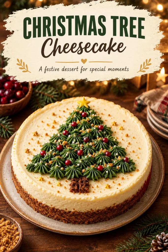 A cheesecake decorated with green piped frosting in the shape of a Christmas tree, topped with small colorful sprinkles.