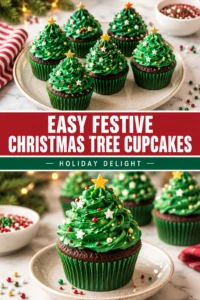 Vanilla cupcakes topped with green frosting piped into Christmas tree shapes and decorated with colorful sprinkles and a star.