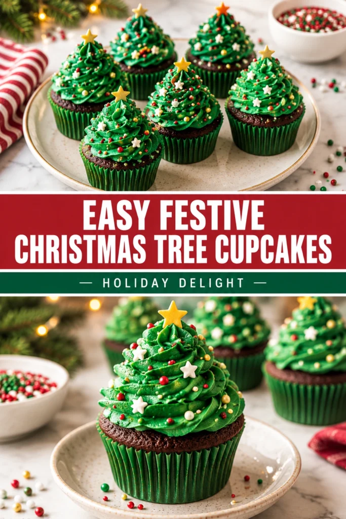 Vanilla cupcakes topped with green frosting piped into Christmas tree shapes and decorated with colorful sprinkles and a star.