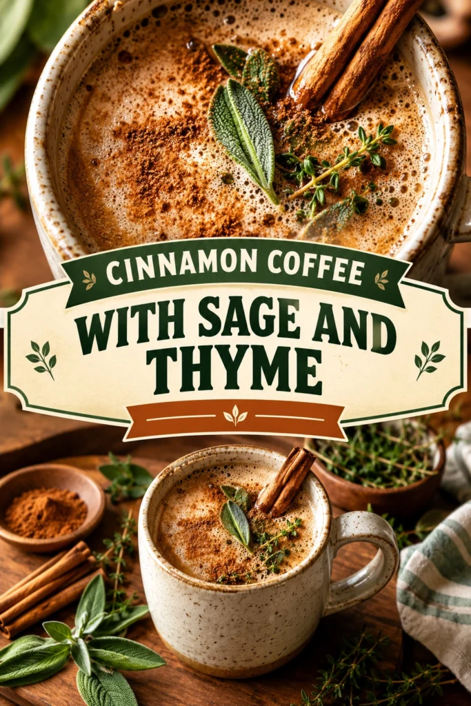 A glass mug of frothy cinnamon coffee topped with a cinnamon stick, a fresh sage leaf, and thyme.