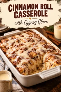 Baked cinnamon roll casserole in a baking dish, drizzled with creamy eggnog glaze and sprinkled with cinnamon sugar.