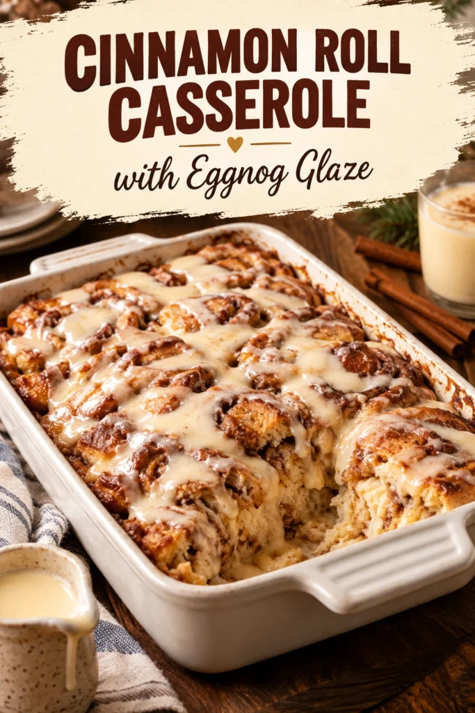 Baked cinnamon roll casserole in a baking dish, drizzled with creamy eggnog glaze and sprinkled with cinnamon sugar.