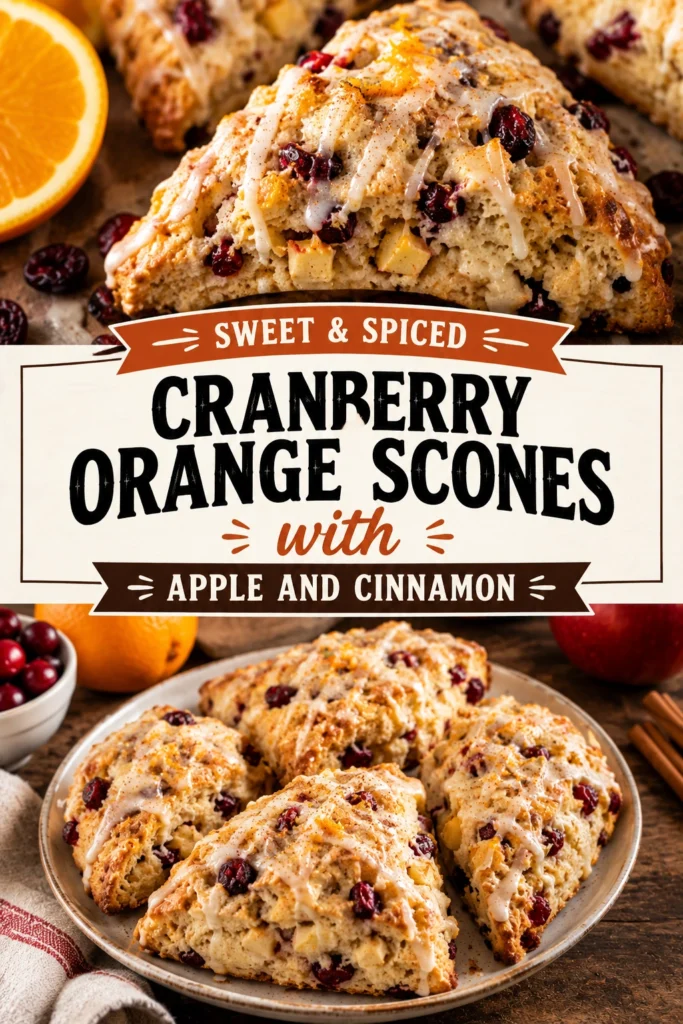 Golden brown triangular scones studded with red cranberries and diced apples, drizzled with a white orange-flavored icing glaze.