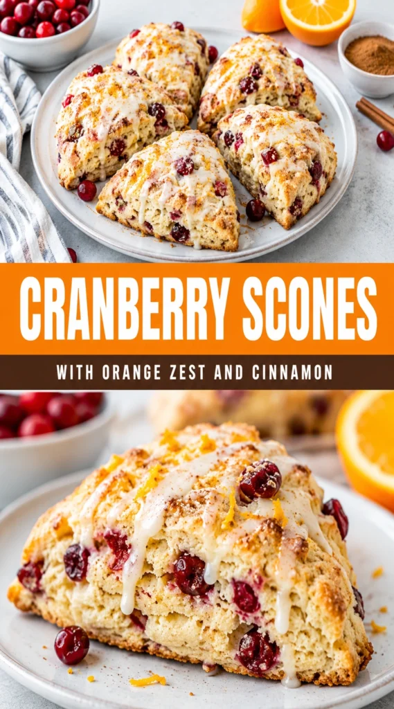 Golden brown cranberry scones with orange zest and cinnamon, dusted with powdered sugar and stacked on a white plate.