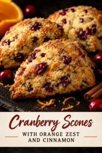 Golden brown cranberry scones with orange zest and cinnamon, stacked on a plate and dusted with powdered sugar.