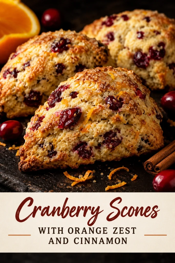 Golden brown cranberry scones with orange zest and cinnamon, stacked on a plate and dusted with powdered sugar.