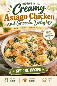 Creamy Asiago cheese sauce with pan-seared chicken breast and potato gnocchi in a skillet, garnished with fresh parsley.