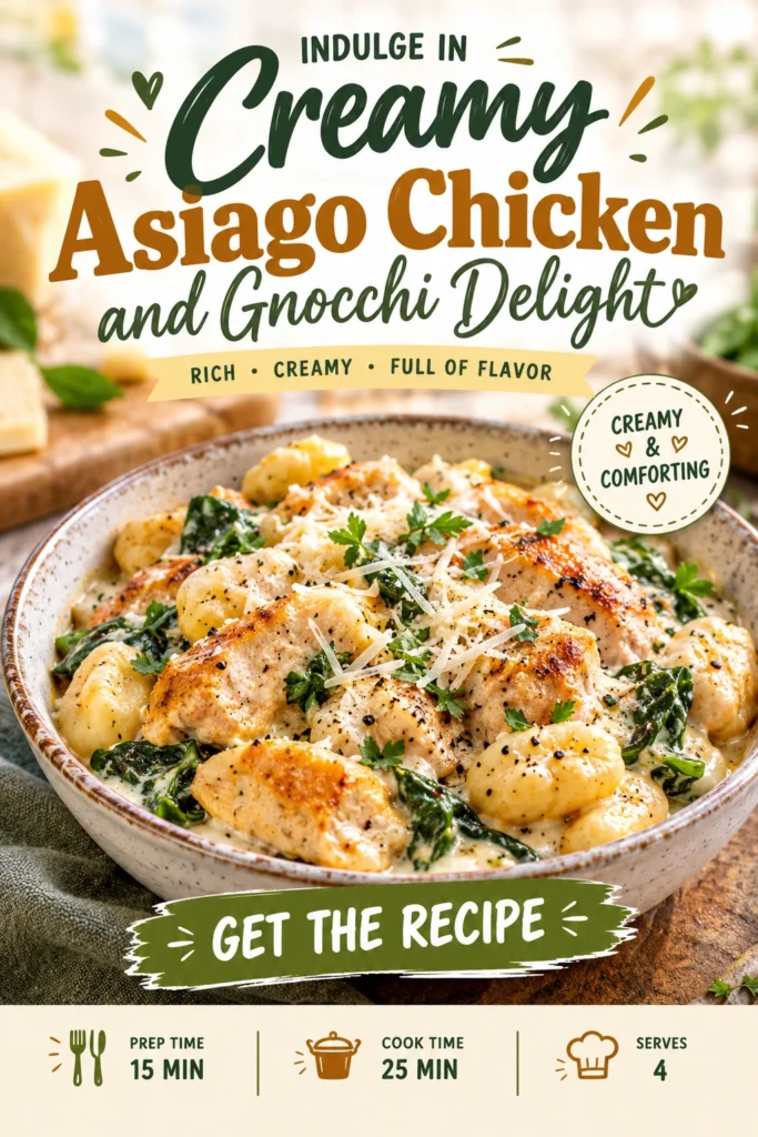Creamy Asiago cheese sauce with pan-seared chicken breast and potato gnocchi in a skillet, garnished with fresh parsley.