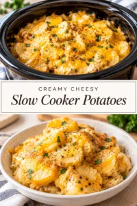 Creamy mashed potatoes in a slow cooker, topped with melted cheese and chopped green onions in a ceramic pot.