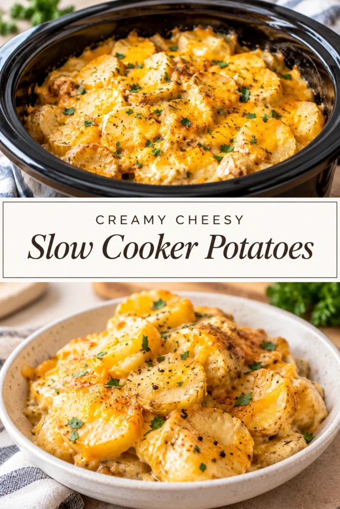 Creamy mashed potatoes in a slow cooker, topped with melted cheese and chopped green onions in a ceramic pot.
