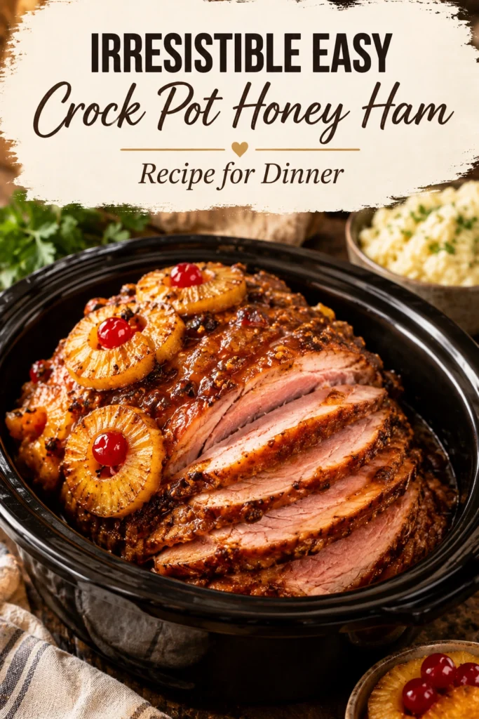 Sliced honey glazed ham in a slow cooker, garnished with fresh parsley and served with a sticky glaze.